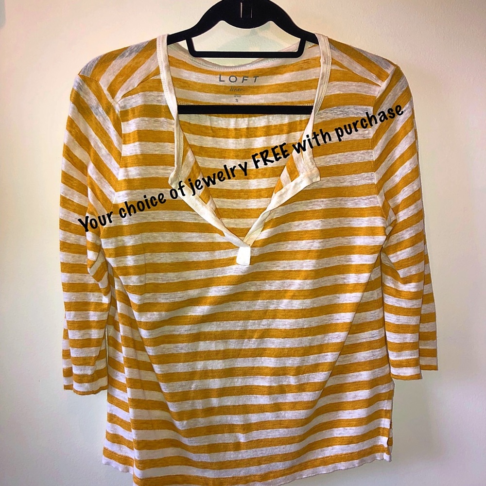 Loft 3/4 sleeve linen split neck top with yellow and white stripes